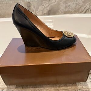 Audrey Brooke Black and Gold Wedge Heels